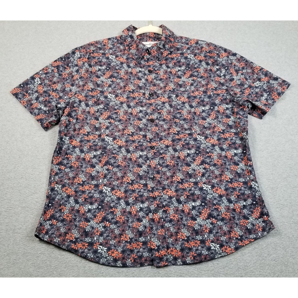 Goodfellow & Co Button Up Shirt Men L Large Blue Orange Floral Slim Short Sleeve